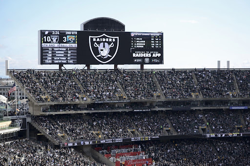 View of football stadium and crowd.