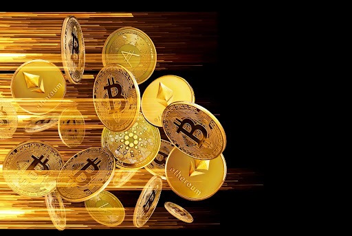 A collection of various cryptocurrency coins including Bitcoin and Ethereum against a digitally stylized golden background